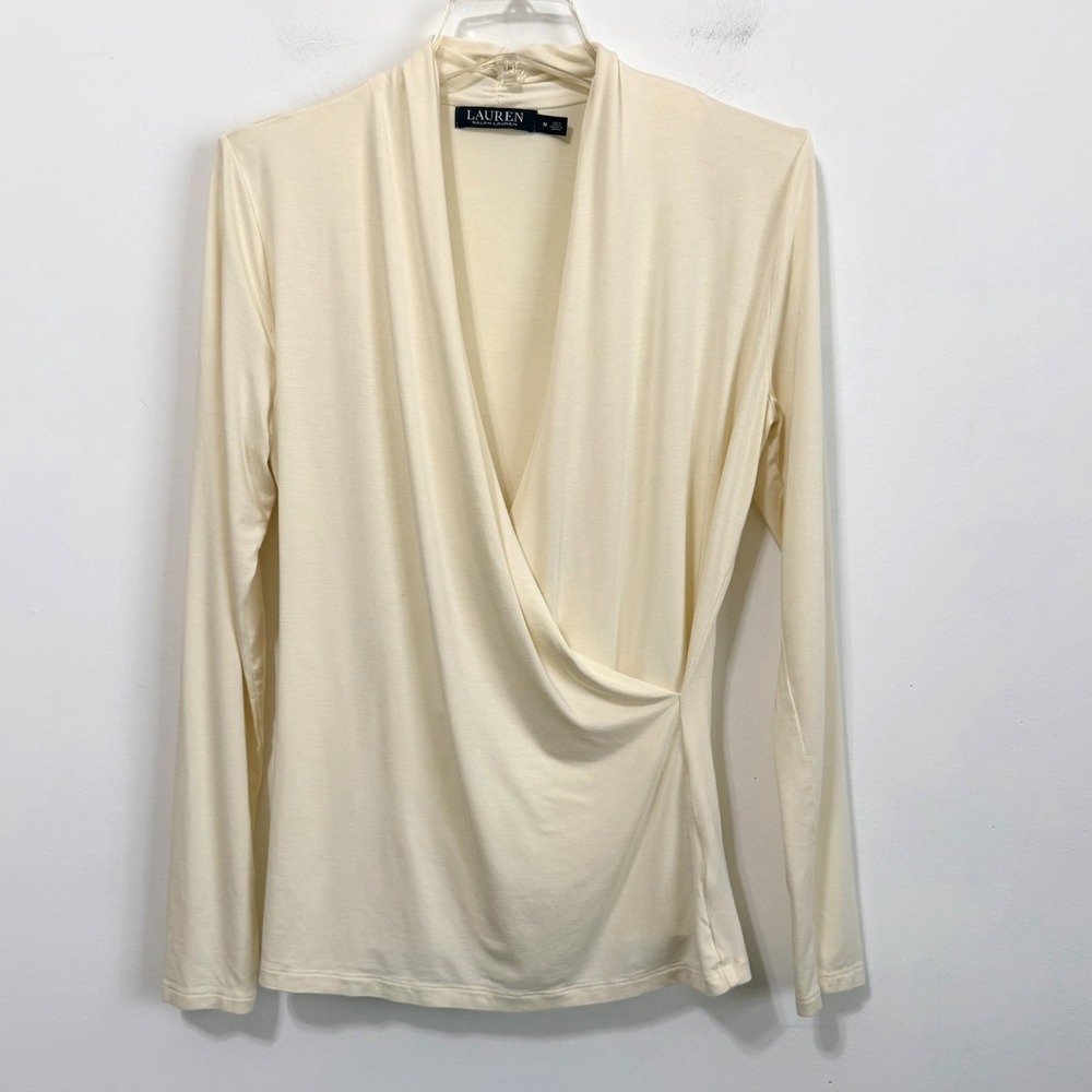 Lauren Ralph Lauren Surplice Wrap Top M Cream V Neck Long Sleeve Soft Ruched